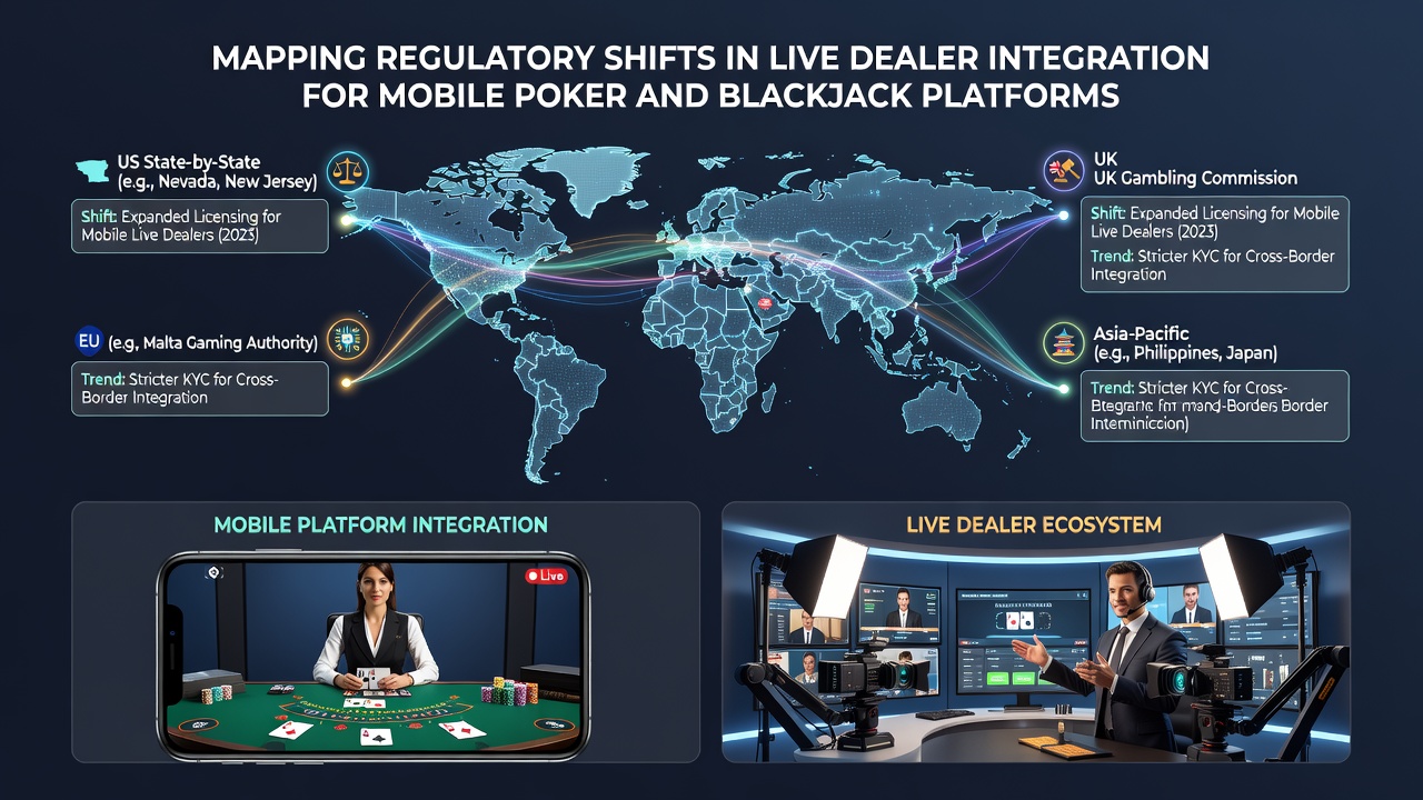 Mobile device displaying live blackjack and poker tables with regulatory compliance overlays