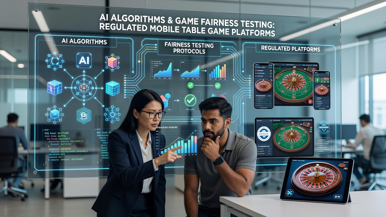 Regulatory compliance dashboard displaying AI fairness metrics for mobile poker and blackjack
